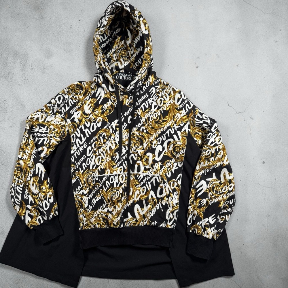 Versace Jeans Couture Mens M Baroque Graffiti Hoodie Black Gold Made Italy